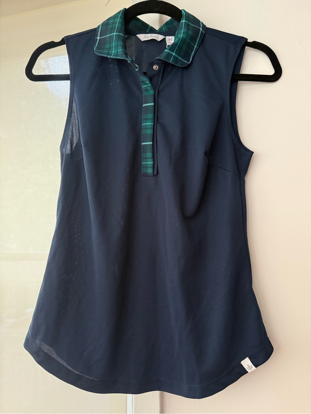 Lady Hagen Navy Sleeveless Polo with Green Plaid Trim
